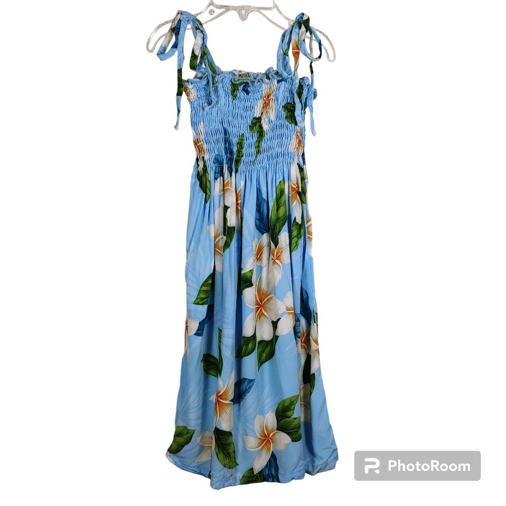 Blue Two Palms White Plumeria Floral Dress